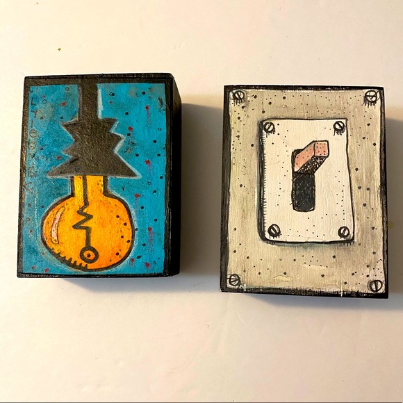 Lightbulb and Switch acrylic & ink on wood art set